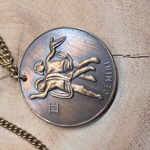 1960s-1970s Vintage Key Fob Gemini zodiac coin pendant Necklace